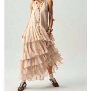 Solid Half Button Neck Tie Sleeveless Layered Tiered Ruffle Maxi Dress XS S M L